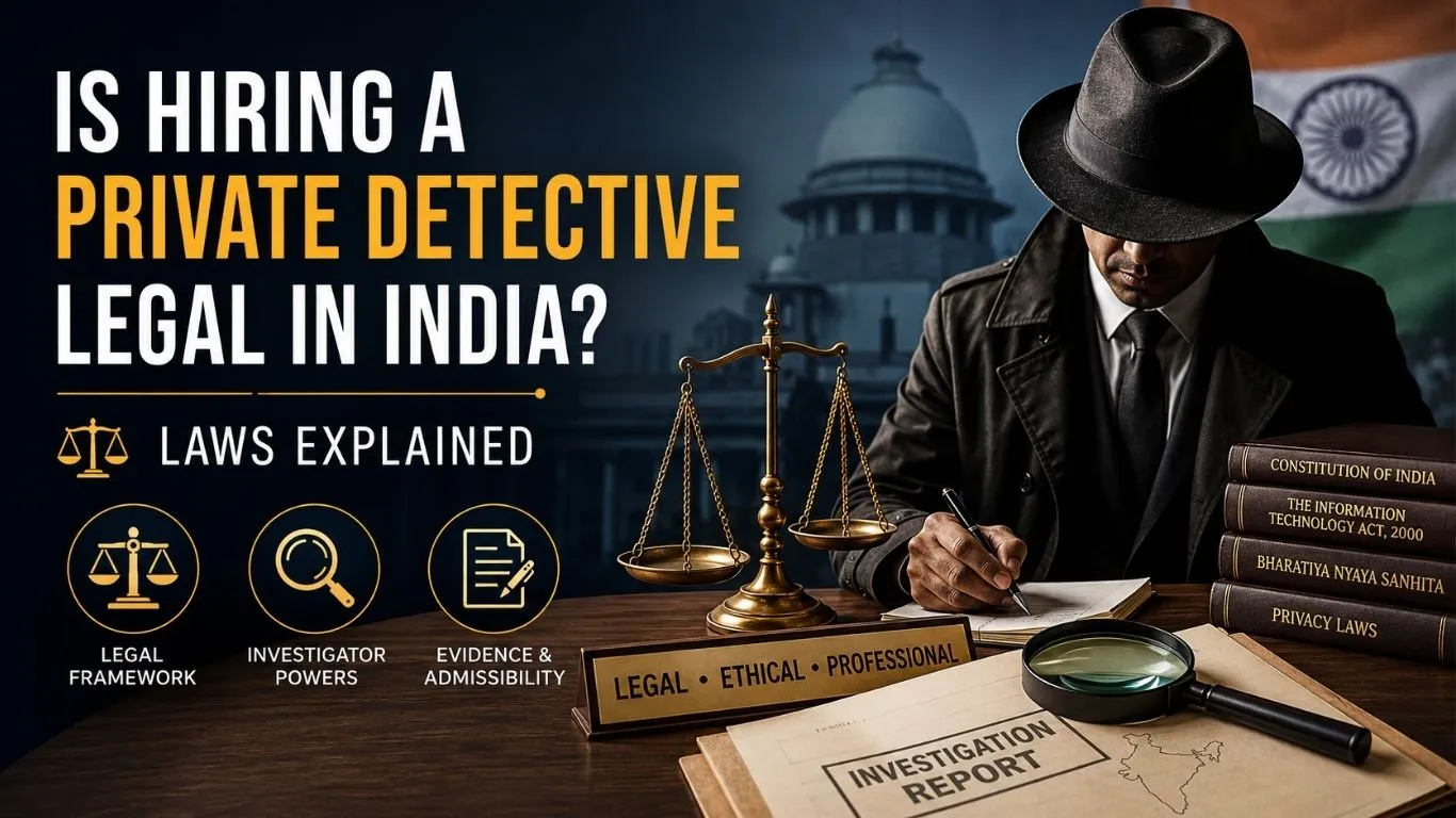 Private detective reviewing investigation documents under Indian laws, explaining the legality of hiring a private investigator in India