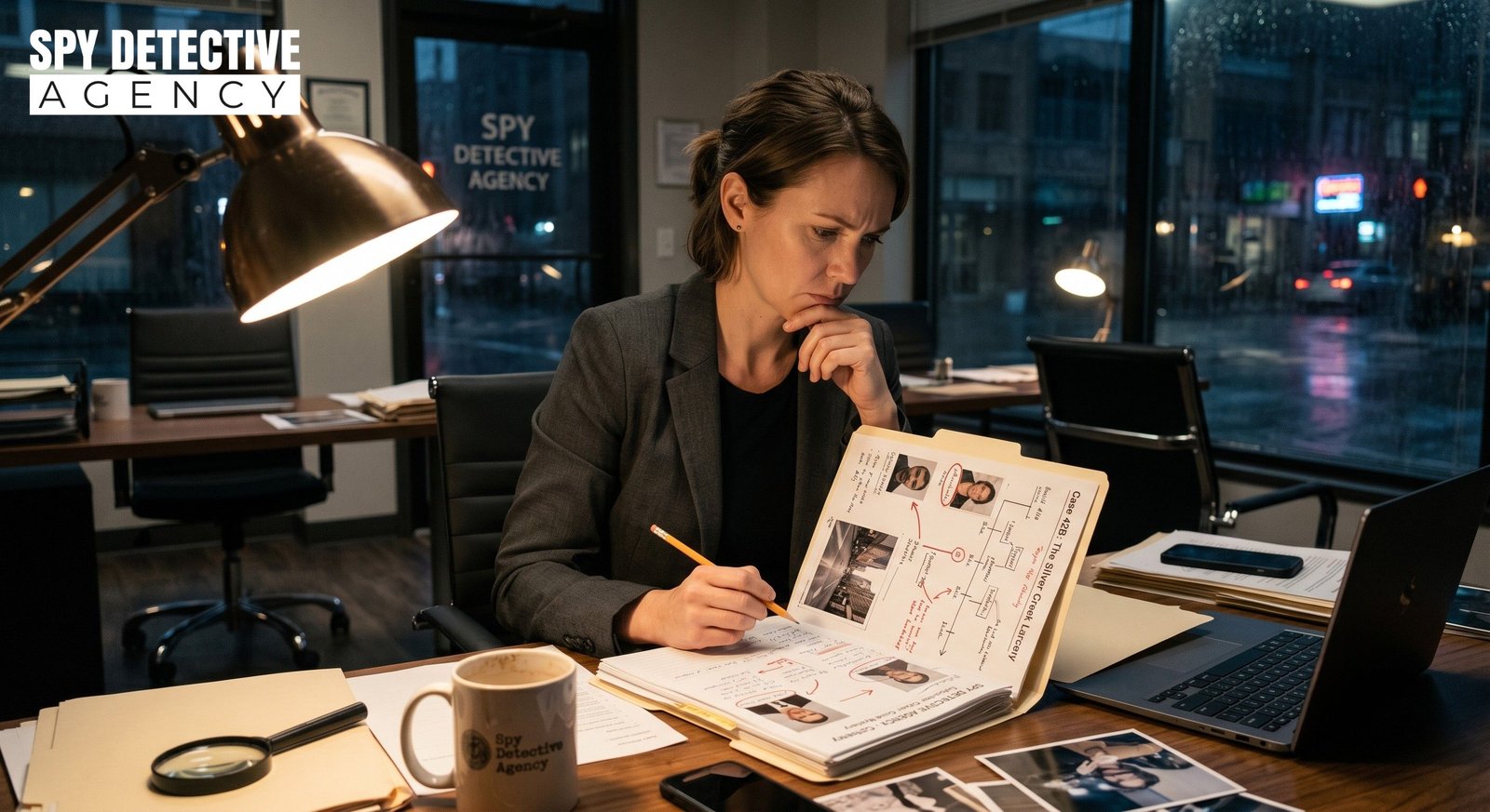 A professional female private detective from Spy Detective Agency deeply focused on analyzing a complex case file and network diagram at her desk during a late-night investigation.