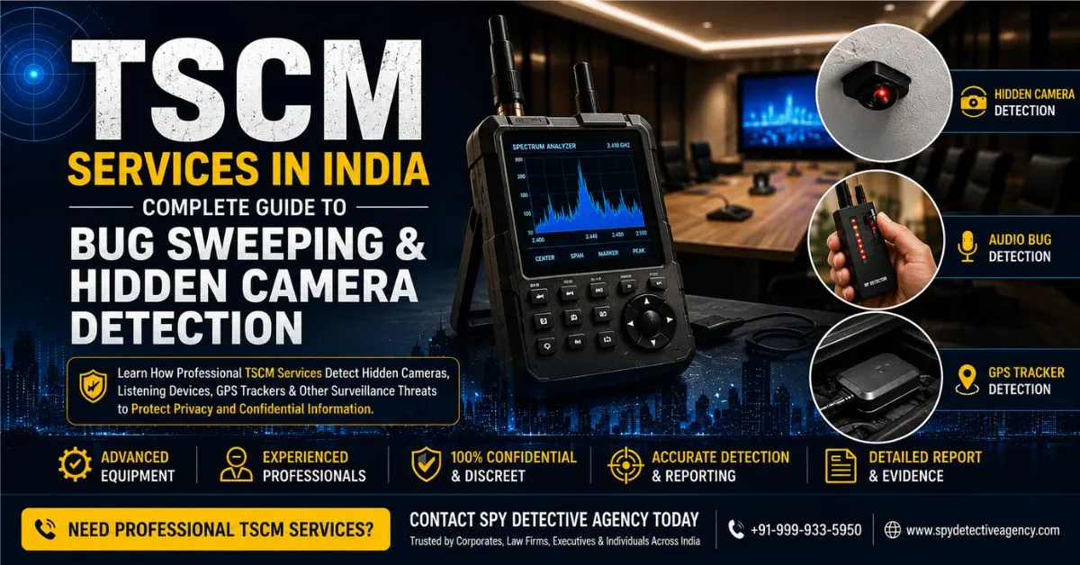 TSCM Services in India banner featuring bug sweeping equipment, hidden camera detection, audio bug detection, GPS tracker detection, and professional surveillance detection services.
