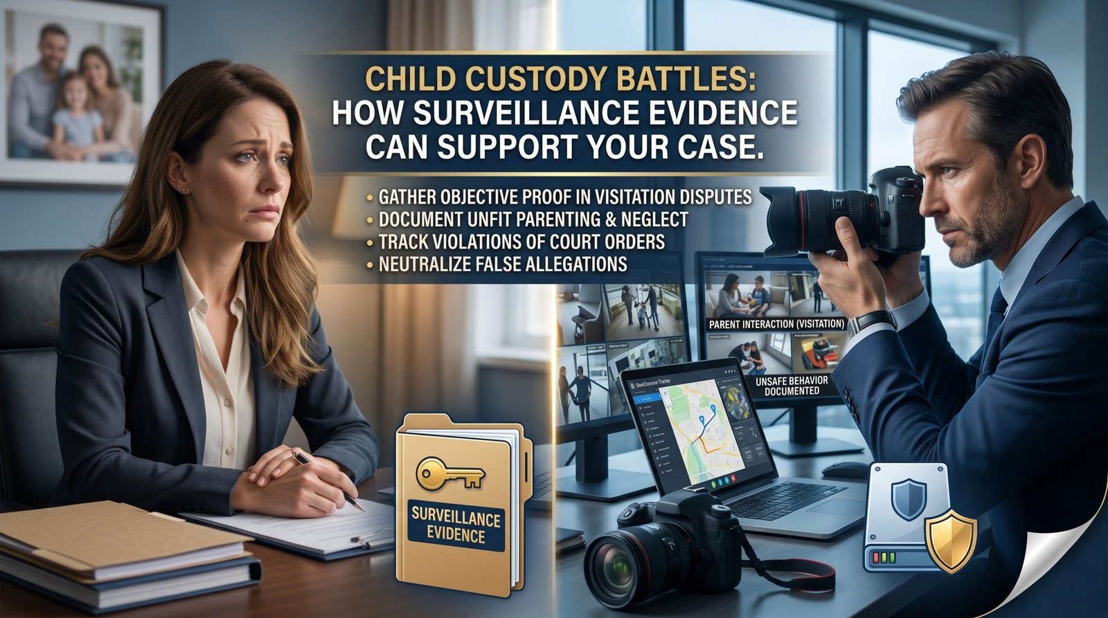 Professional private investigator using advanced cameras to gather legally admissible surveillance evidence for a mother in a child custody battle.