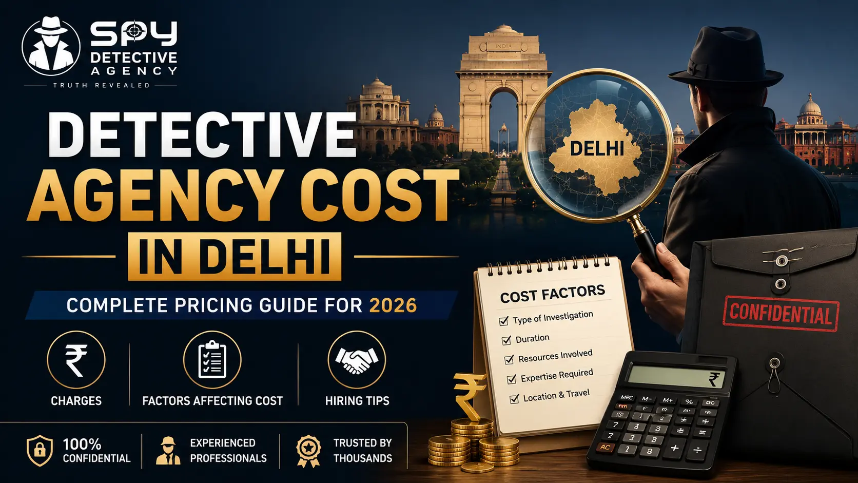 Professional detective agency cost guide in Delhi showing investigation pricing factors, confidential services, and hiring tips for private investigators in 2026.