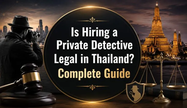 Private detective in Thailand with legal symbols, Bangkok skyline, and justice scales representing private investigation laws and regulations