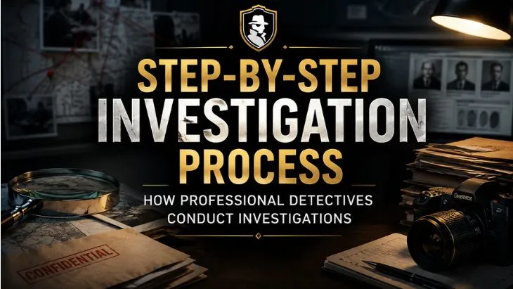 Step-by-step investigation process showing how professional detectives conduct investigations from consultation to final reporting